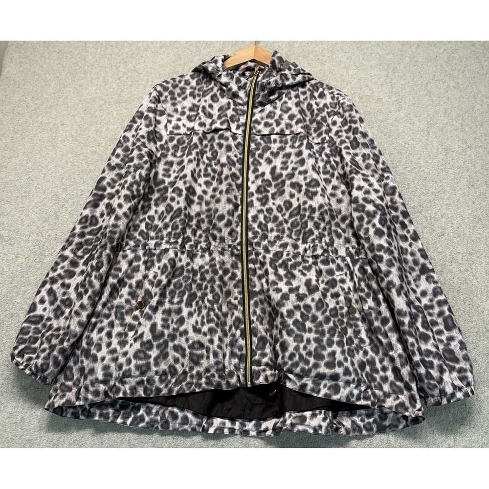 Hawke & Co Womens Jacket Gray Leopard Print Hooded Full Zip Mesh Long Sleeve XL
